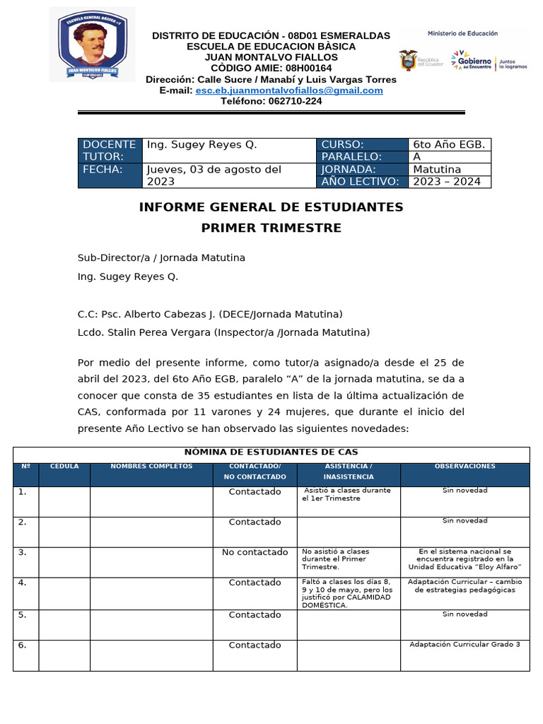 INFORME DE ESTUDIANTES - 1ER TRIMESTRE | PDF