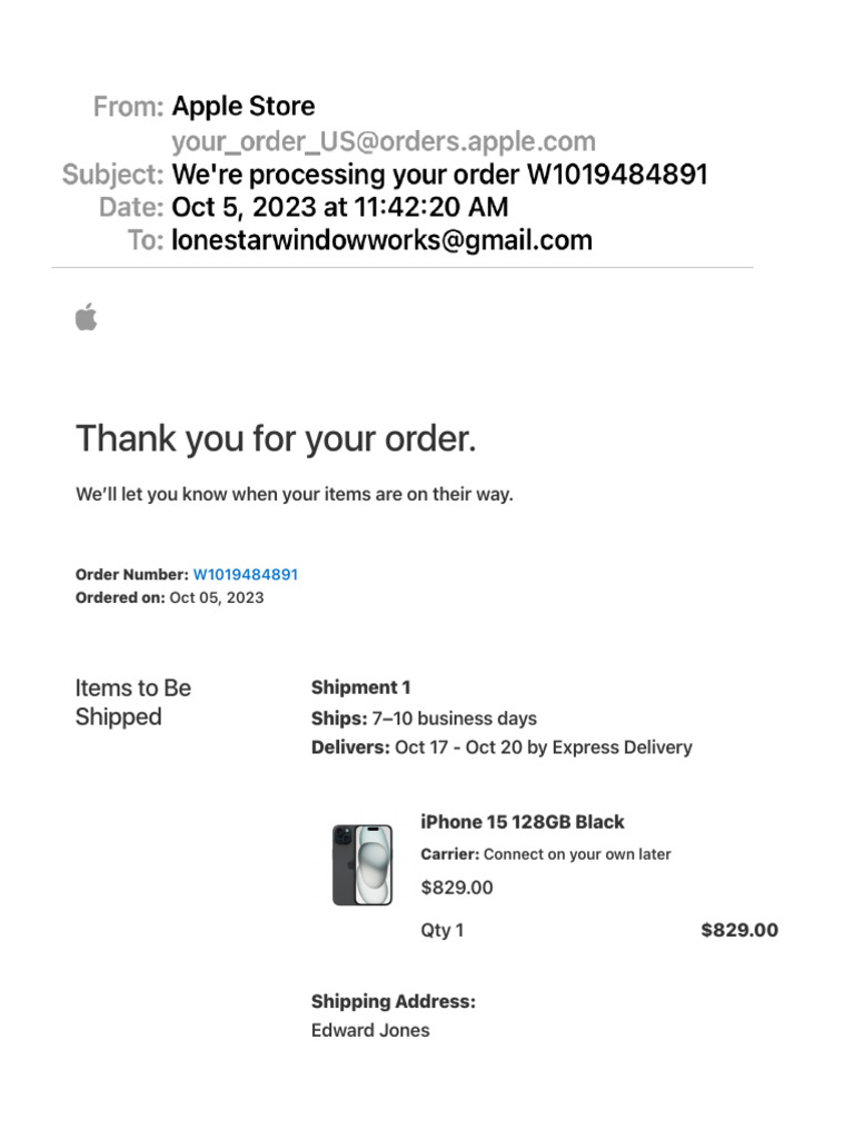 iPhone 15 Order Confirmation - $897.39 | PDF | I Phone | Apple Inc.