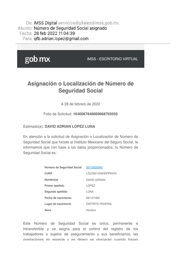Número de Seguridad Social Asignado | PDF