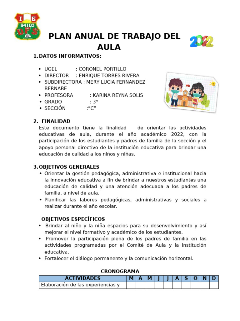 Plan Anual de Trabajo Del Aula | PDF | Salón de clases | Maestros
