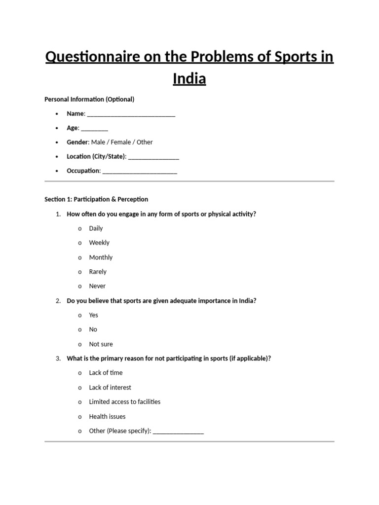 Sports Challenges in India Questionnaire | PDF | Sports | Infrastructure