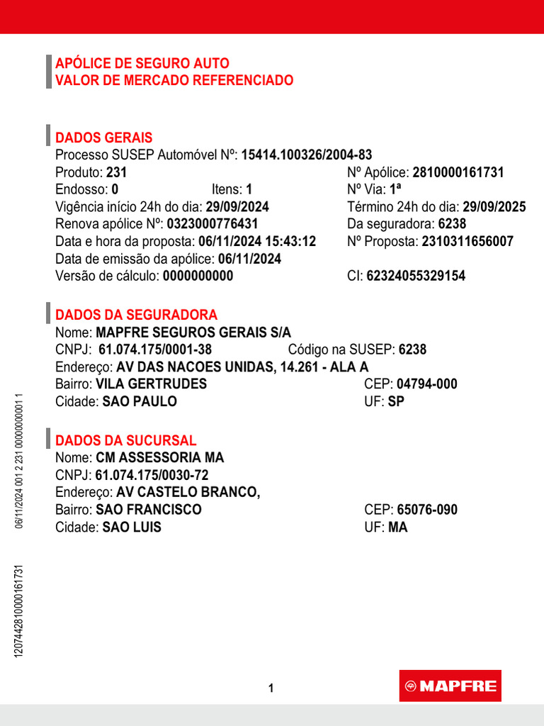 Apólice de Seguro Auto - MAPFRE 2024 | PDF | Seguro | Serviços financeiros