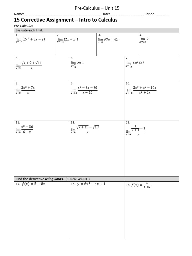 Pre-Calculus Limits and Derivatives Assignment | PDF | Derivative | Tangent