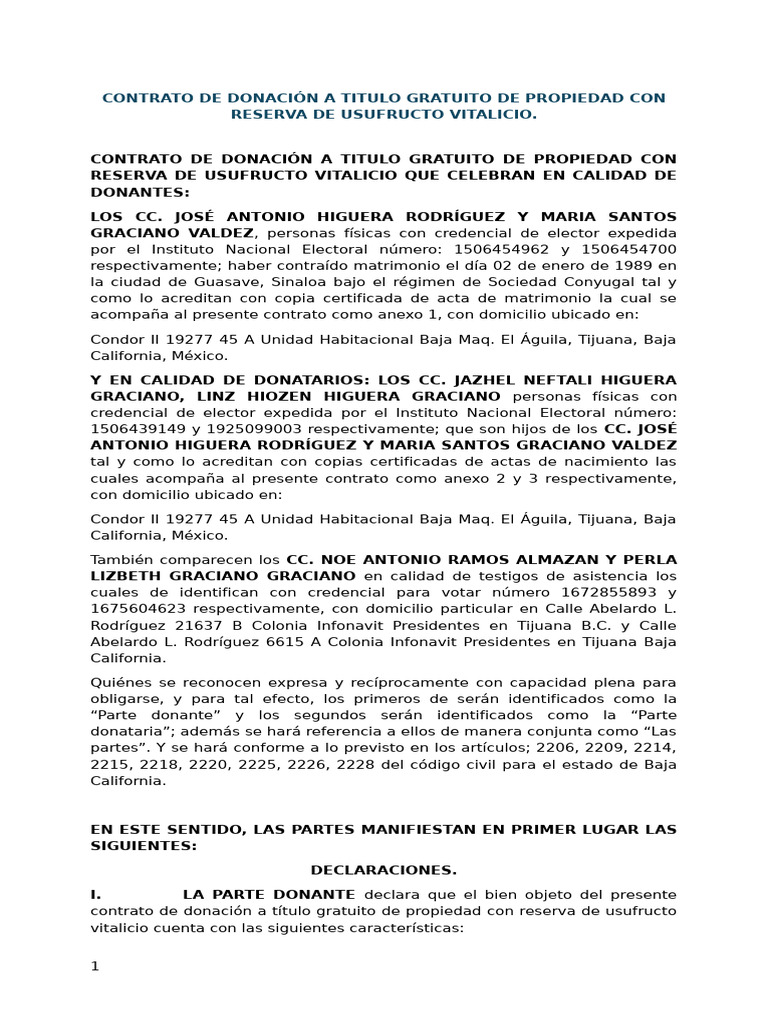 Contrato de Donación con Usufructo Vitalicio | PDF | Donación