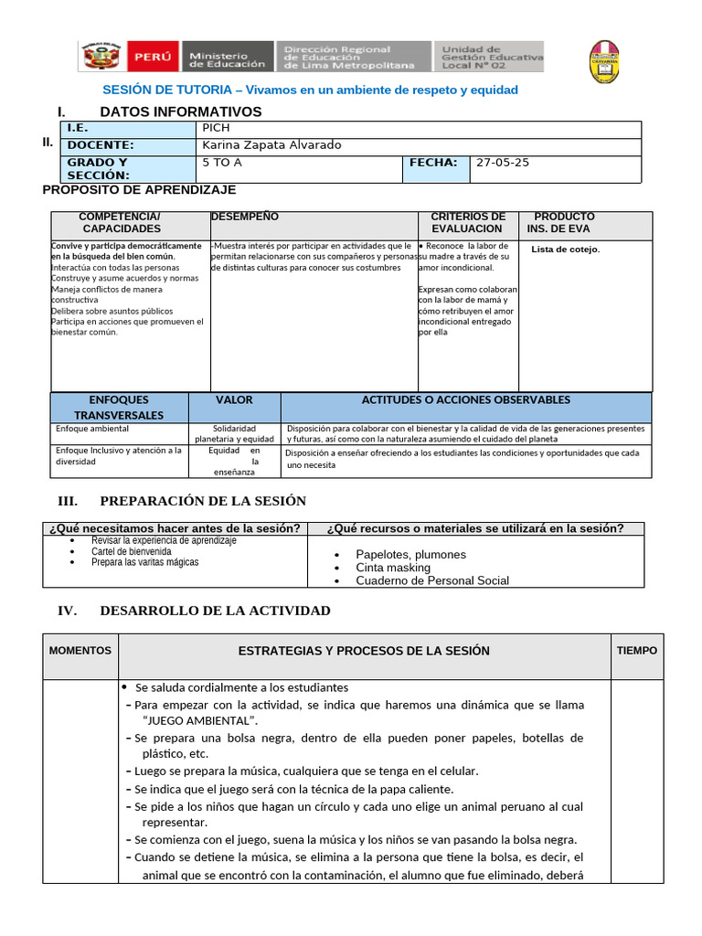 TUTORIA 27-05-25 Vivamos en Un Ambiente de Respeto y Equidad | PDF ...