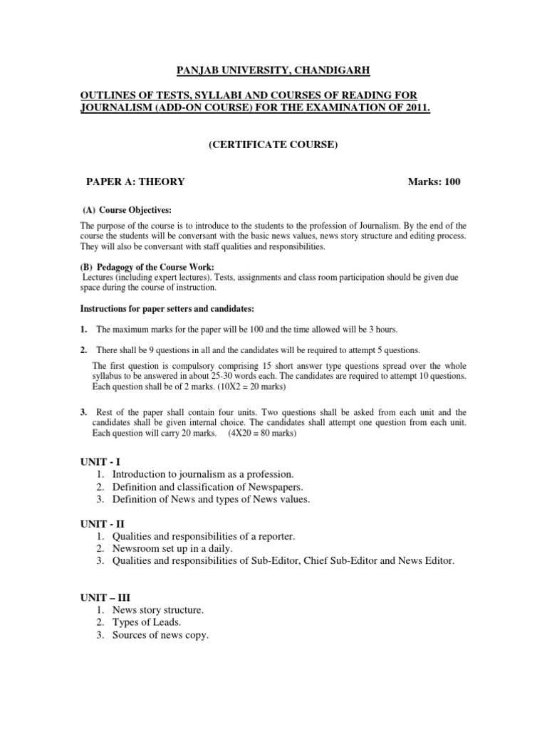 Courses of Reading For Journalism (AddOn Course) PDF Syllabus