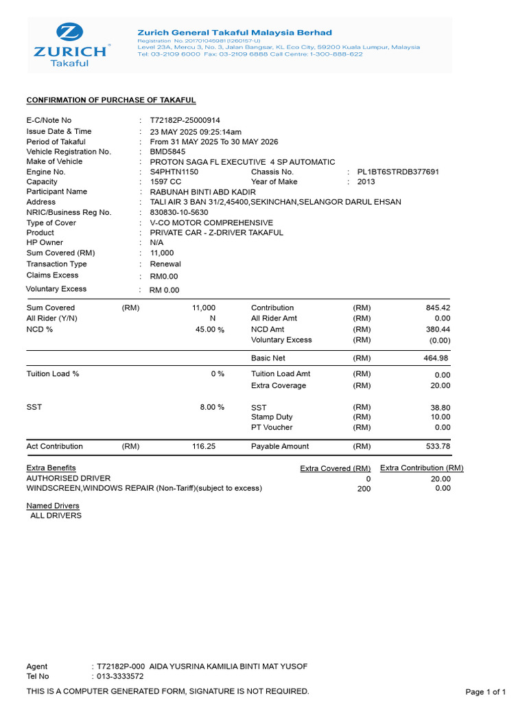 Takaful Purchase Confirmation Document | PDF | Car | Motor Vehicle