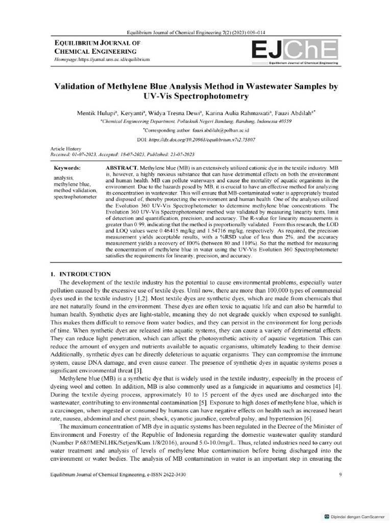 Validation of Methylene Blue Analysis Method in Wa | PDF