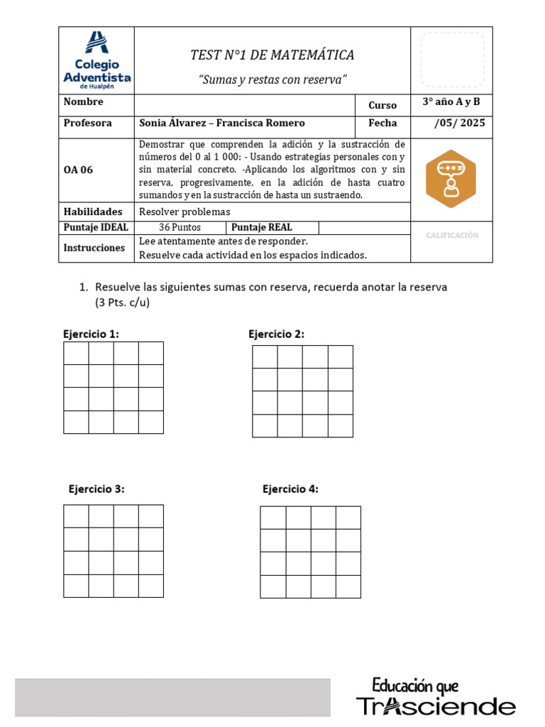 Prueba de Sumas y Restas con Reserva | PDF