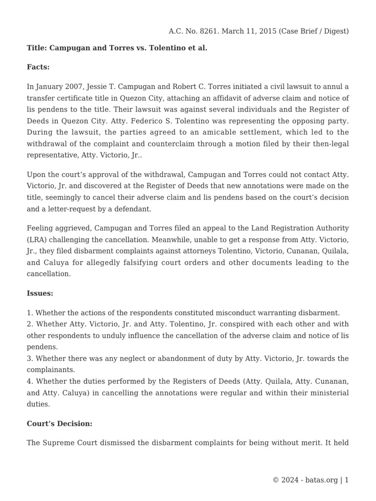 Campugan vs. Tolentino Disbarment Case | PDF | Lawsuit | Disbarment