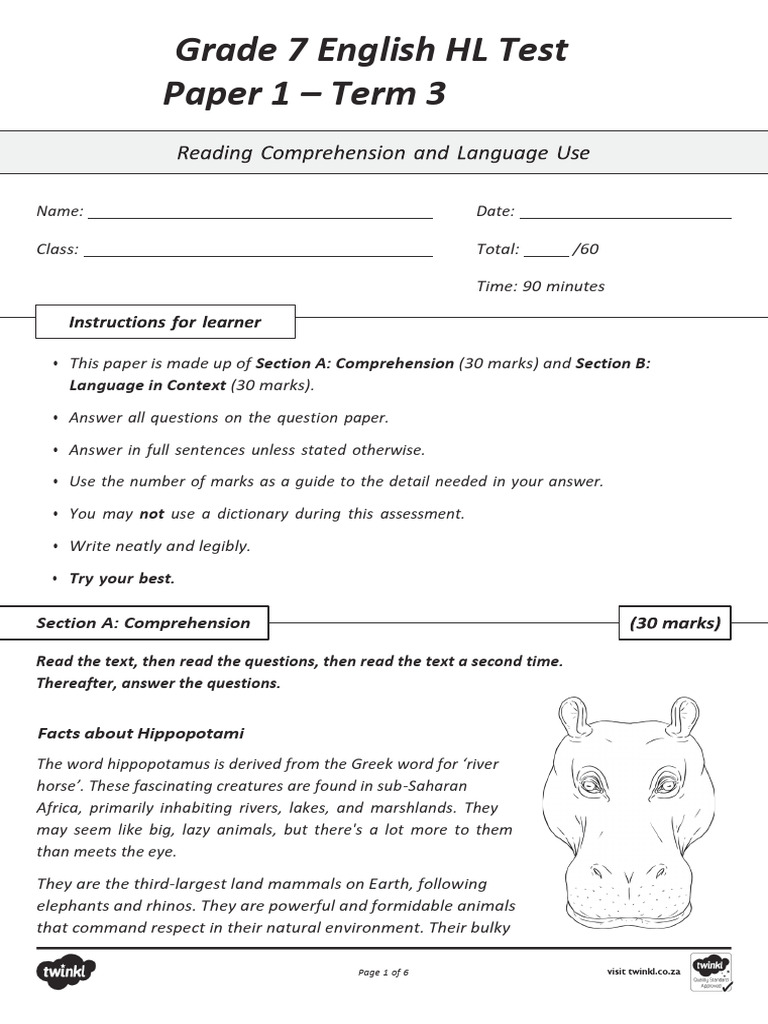 Grade 7 Term 3 English Test Paper | PDF | Hippopotamus | Linguistics