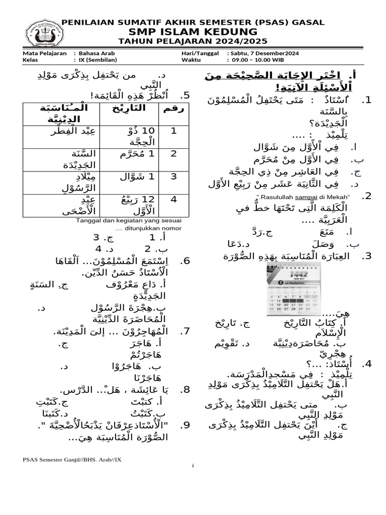 SOAL PAS BHS - ARAB KELAS 9 Fixxx | PDF