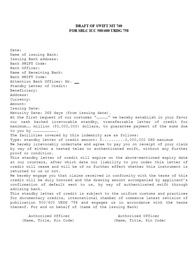 Draft SWIFT MT 760 for SBLC | PDF