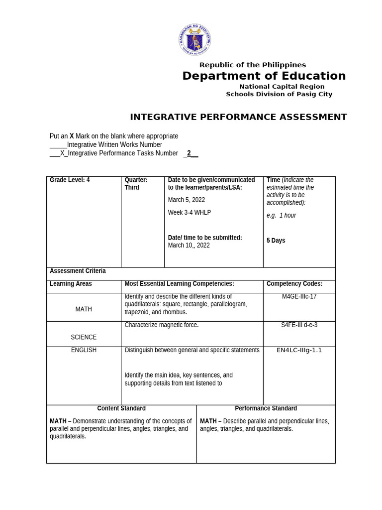 Integrative Performance Assessment Guide | PDF | Rectangle | Cognition