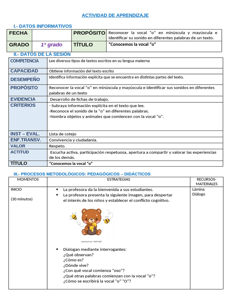 Actividad de Aprendizaje Vocal "O" | PDF | Aprendizaje | Cognición