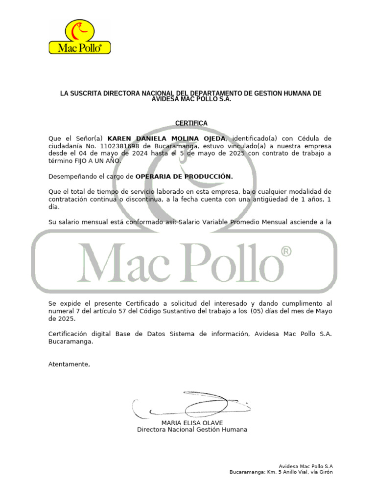 Certificado Laboral Avidesa Mac Pollo S.A. | PDF