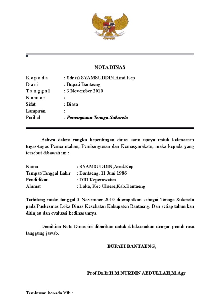 Contoh Nota Dinas Ke Bupati Contoh Aja