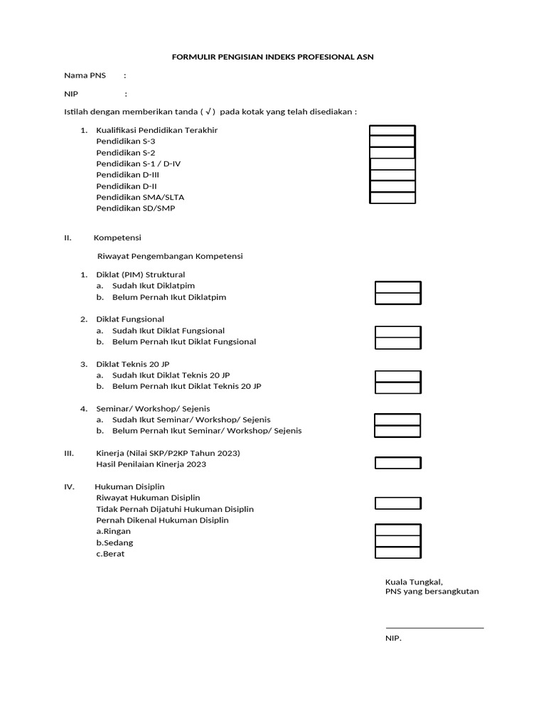 Formulir Pengisian Indeks Profesional Asn | PDF