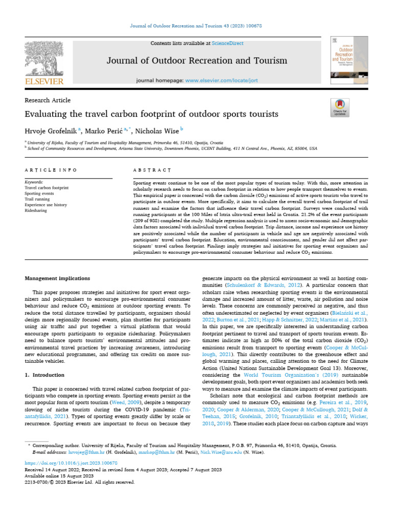 Evaluating The Travel Carbon Footprint of Outdoor Sports Tourists | PDF ...