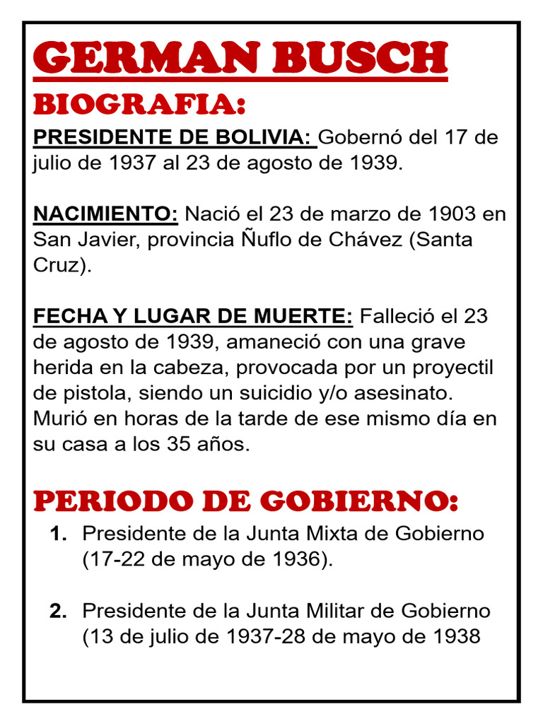 Biografía de Germán Busch, presidente boliviano | PDF