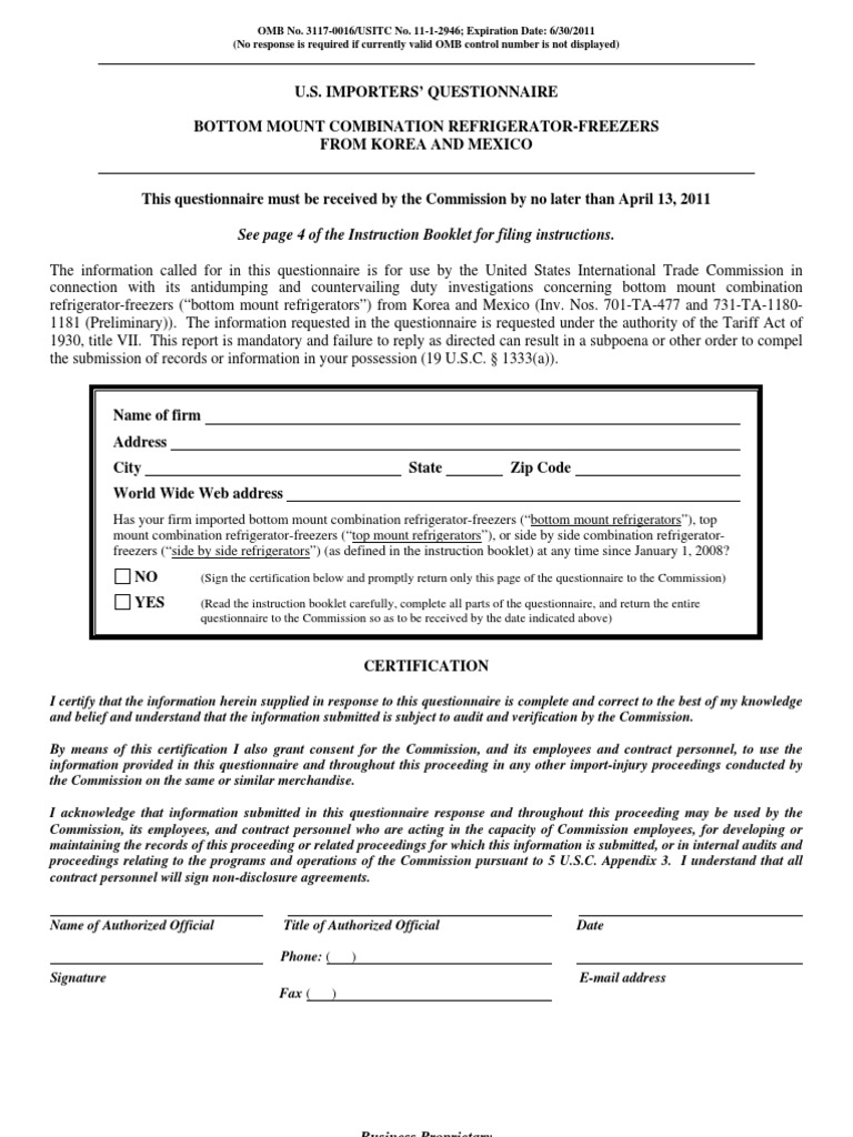 U.S. Importers' Questionnaire: Refrigerators | PDF | Rebate (Marketing ...