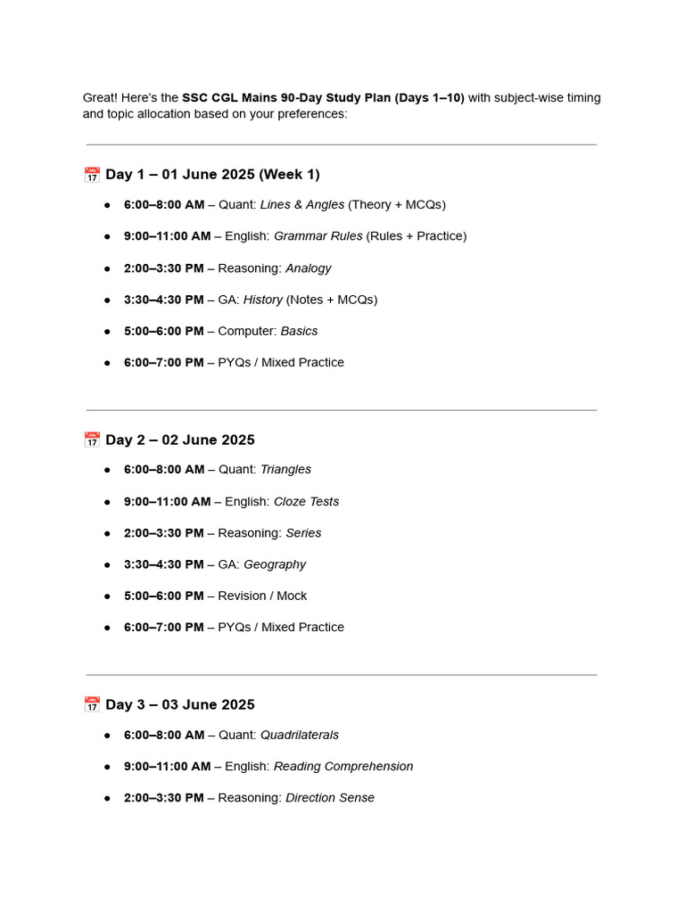 SSC CGL 90-Day Study Plan 2025 | PDF | English Language | Reason
