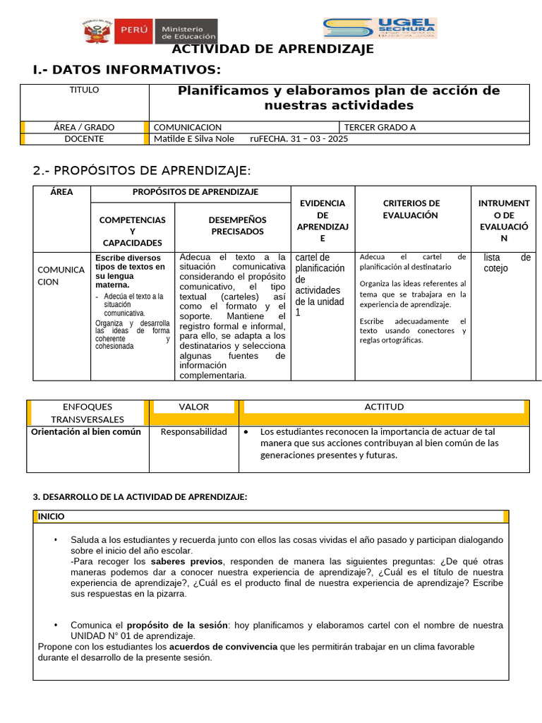 LUNES 31 DE MARZO Planificamos Nuestra Unidad N° 01 | PDF | Aprendizaje ...
