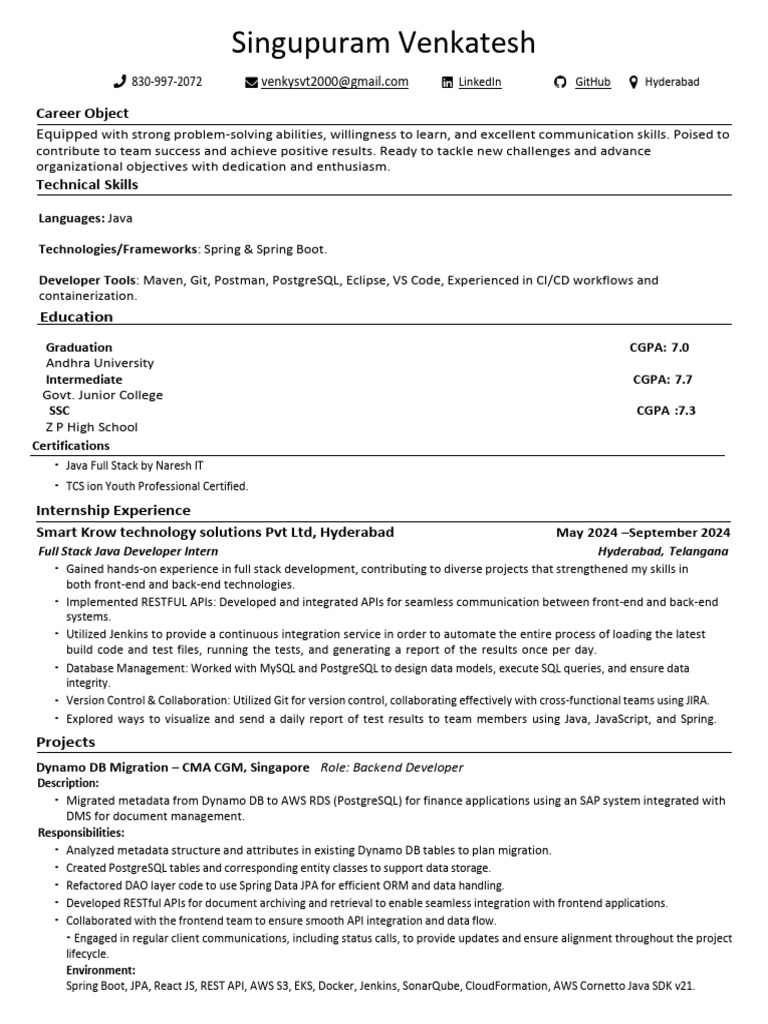 Venkatesh: Full Stack Java Developer | PDF | Postgre Sql | Java ...