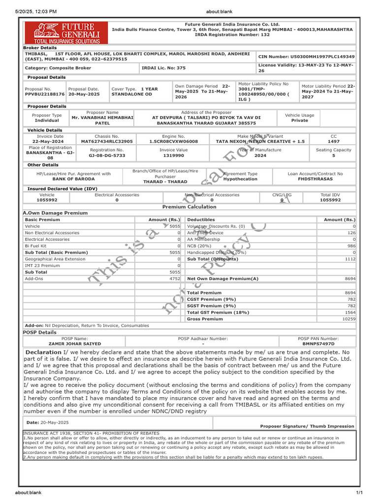 Future Generali Motor Insurance Proposal | PDF | Insurance | Private Law