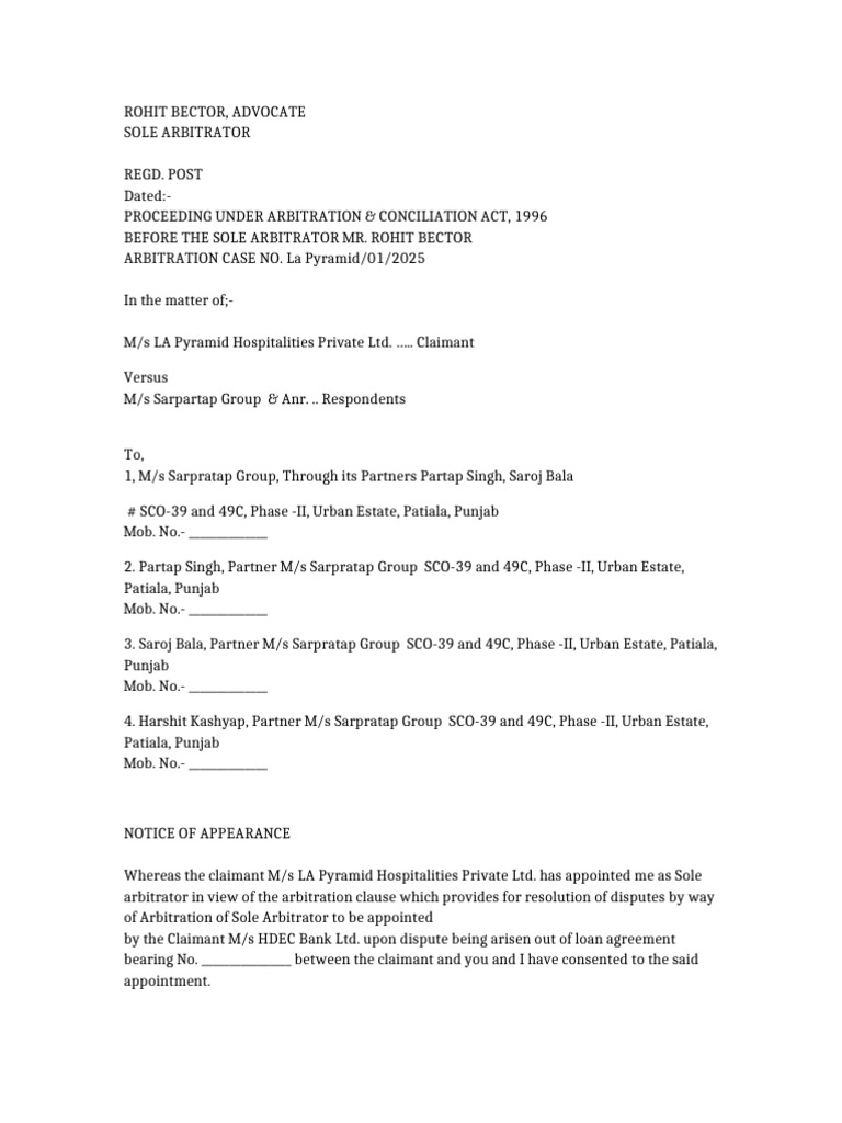 Arbitration Notice La Pyramid | PDF | Arbitration | Arbitral Tribunal