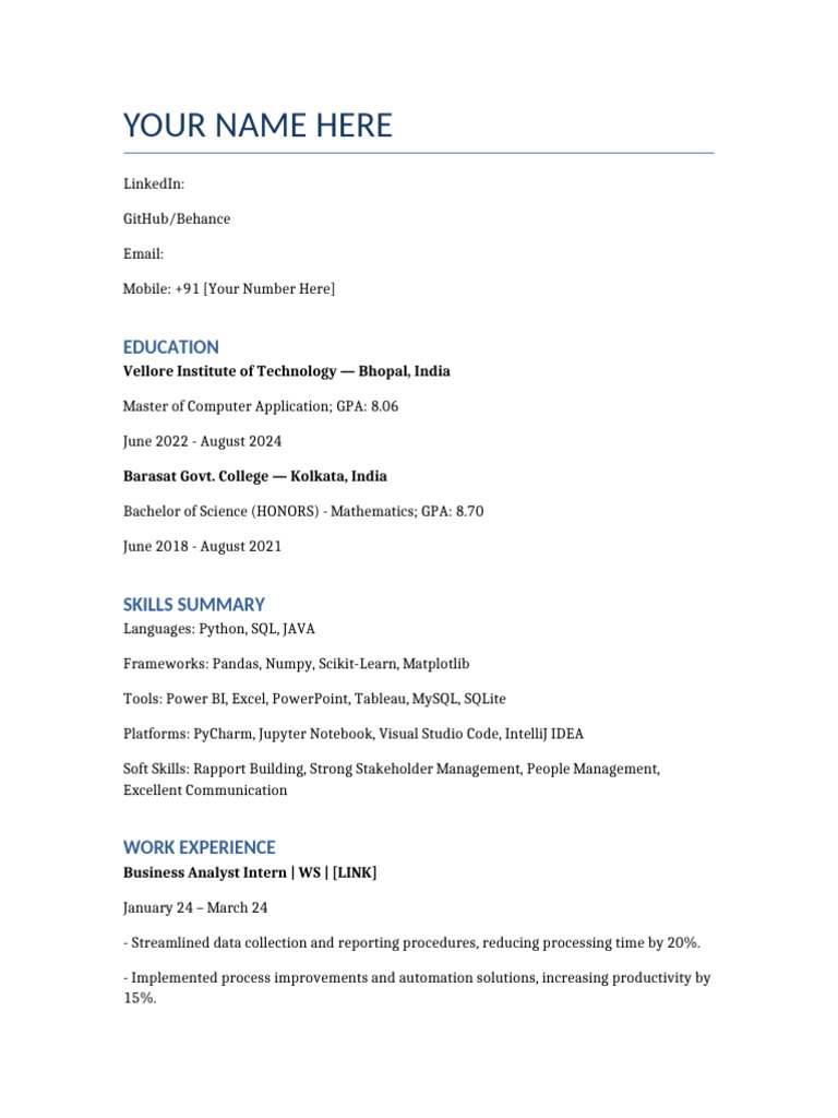 Data Analyst Resume Template Pdf