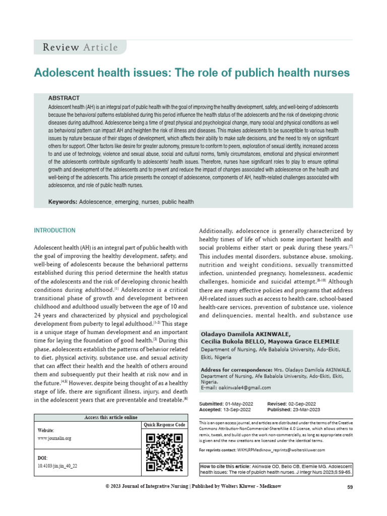 Adolescent Health Issues The Role of Publich.10 | PDF | Adolescence ...