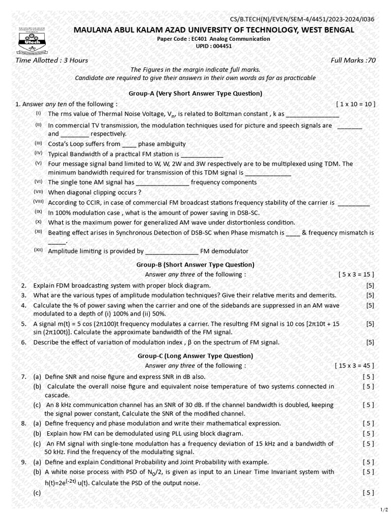 Analog Communication Exam Paper EC401 | PDF | Frequency Modulation ...
