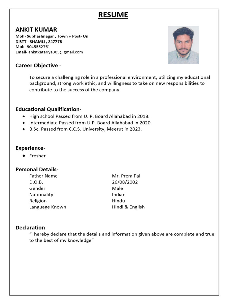 Ankit Kumar Resume - Recent Graduate | PDF