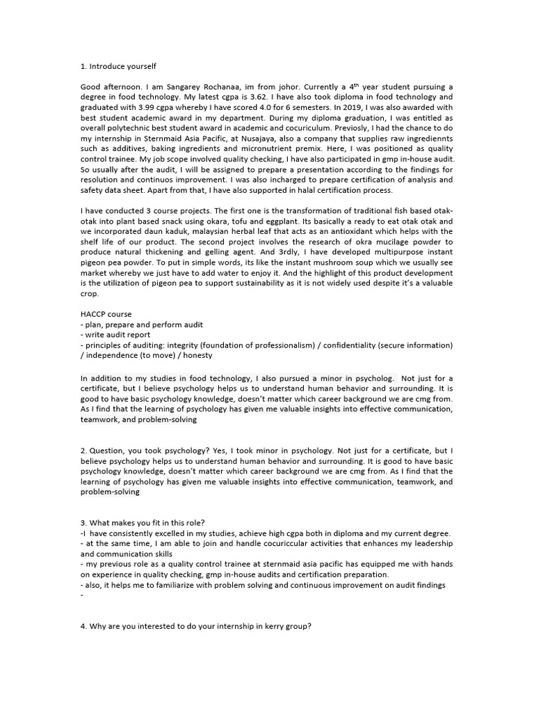Food Technology Student Profile and Experience | PDF | Food Safety