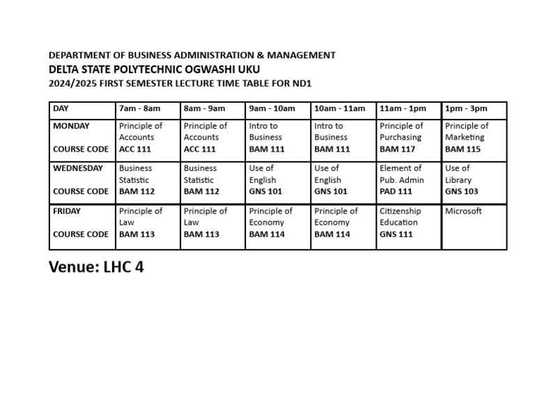 Department of Business Administration Time Table ND1 - 102152 | PDF