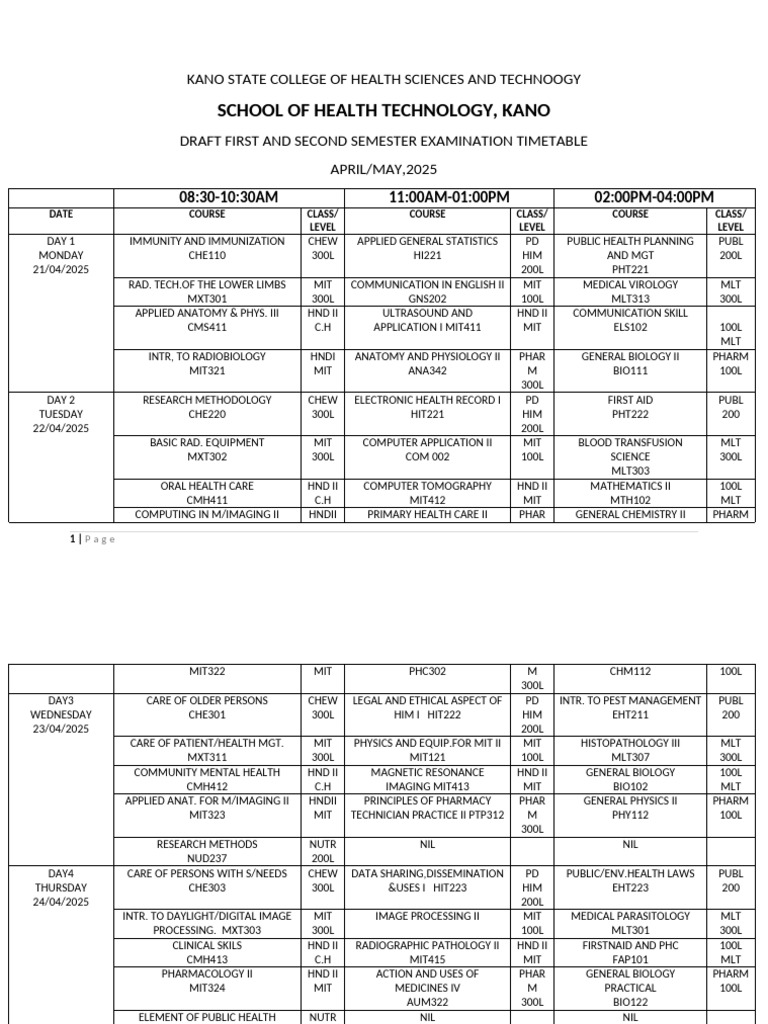 Kano State Health College Exam Timetable 2025 | PDF | Medicine | Health ...