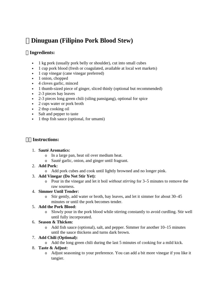 Dinuguan (Filipino Pork Blood Stew) Recipe | PDF