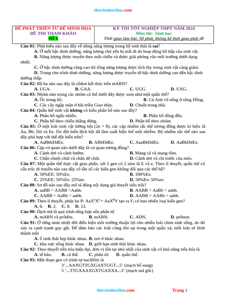 De Thi Thu TN THPT 2024 Mon Sinh Phat Trien Tu de Minh Hoa de 1 | PDF