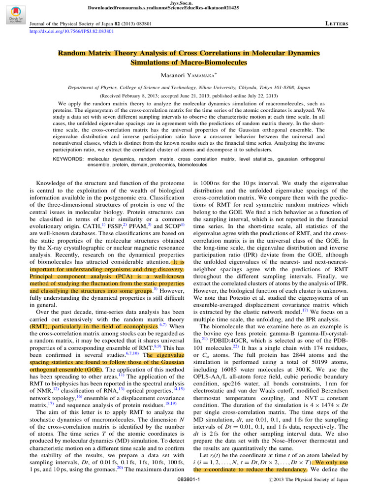 RMT Analysis of Molecular Dynamics Data | PDF | Eigenvalues And ...