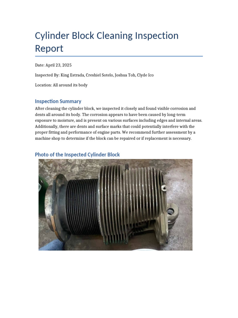 Cylinder Block Inspection Report | PDF