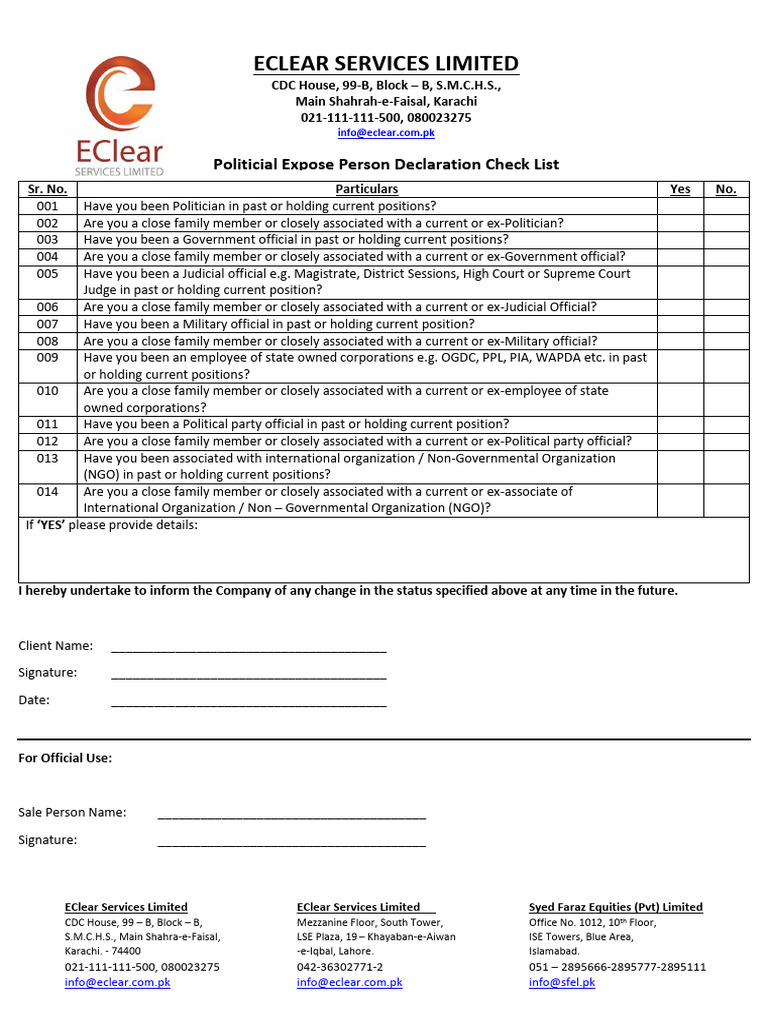 PEP Declearation Check List | PDF | Government Institutions | Public Law