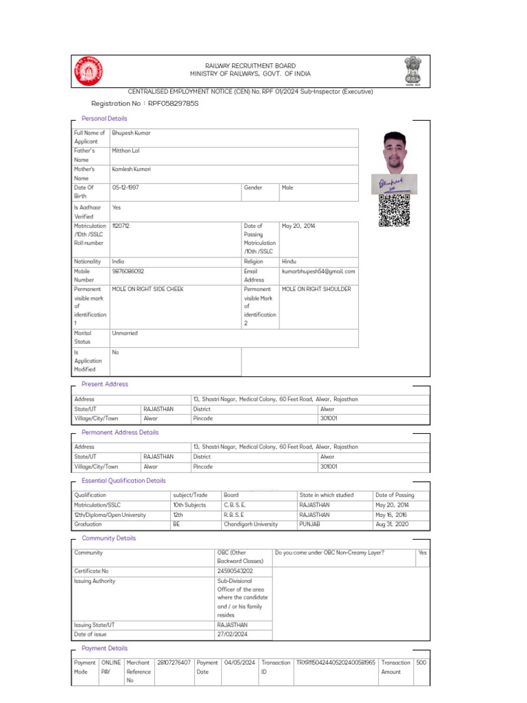 RRB RPF Sub-Inspector Application Details | PDF