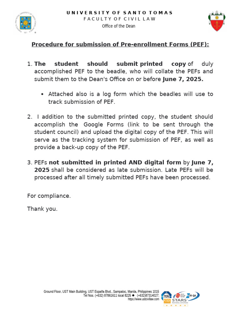 PEF Submission Guidelines for UST 2025 | PDF