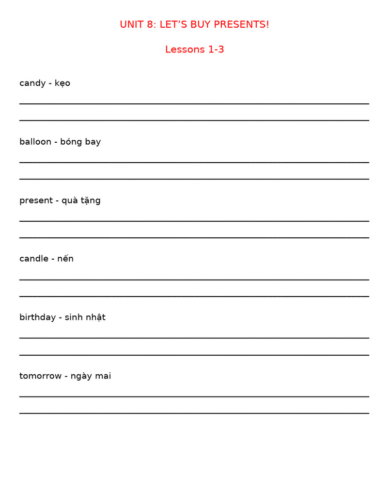 Vocabulary Writing Practice Unit 8 Lessons 1-3 | PDF