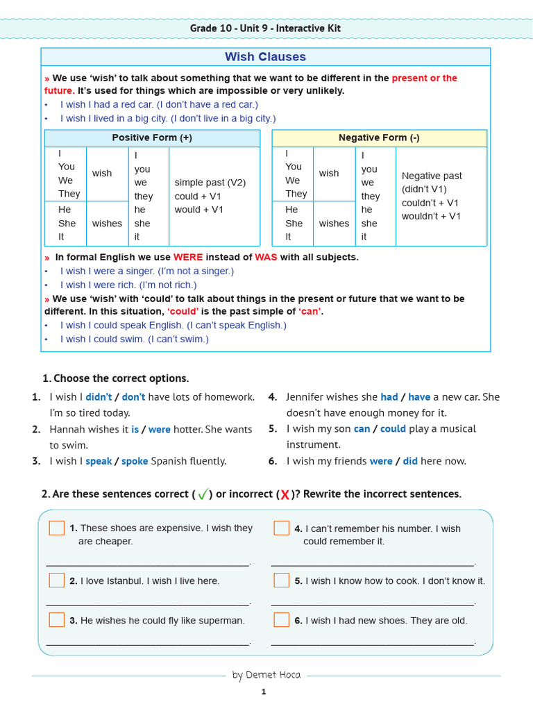 Grade 10 Unit 9: Wish Clauses Explained | PDF | Syntax | Grammar