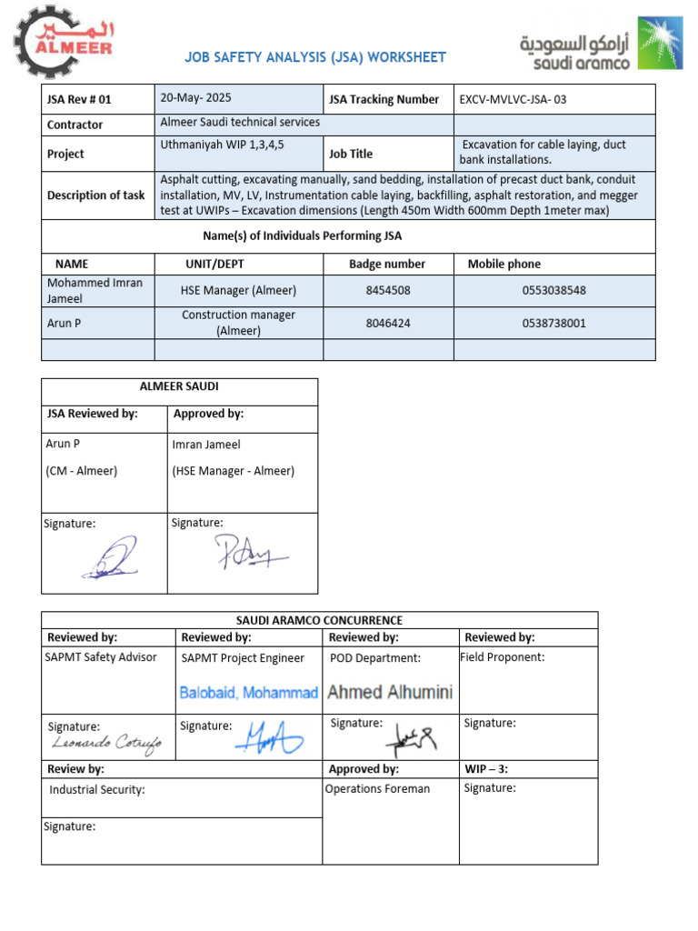 JSA Worksheet for Excavation Safety | PDF | Personal Protective ...