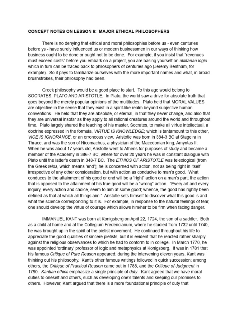 Concept Notes On Lesson 6 - Major Ethical Philosophers | PDF ...