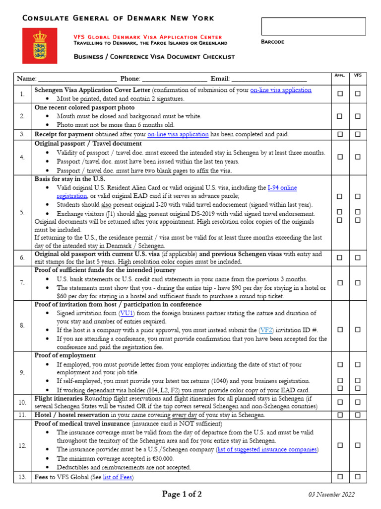 VFS Denmark Visa Application Checklist | PDF | Travel Visa | Passport