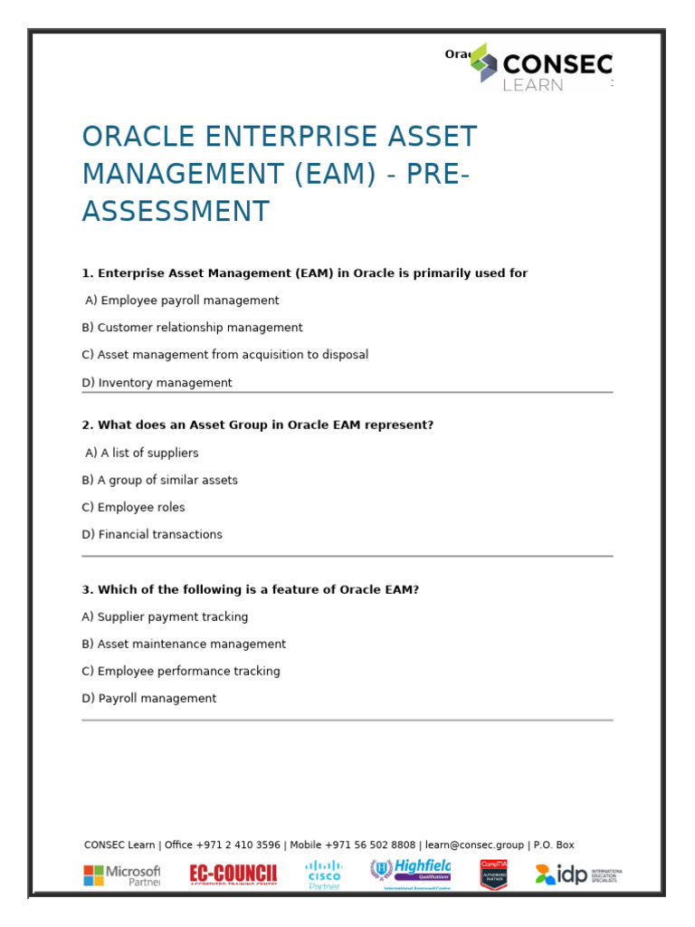 Oracle EAM Pre-Assessment Quiz | PDF | Payroll | Business
